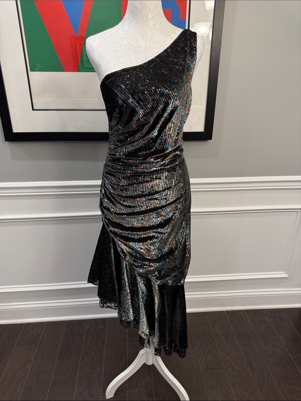 VTG 70s New Leaf by Samir Rainbow Metallic One Shoulder Ruched Disco Dress 9/10